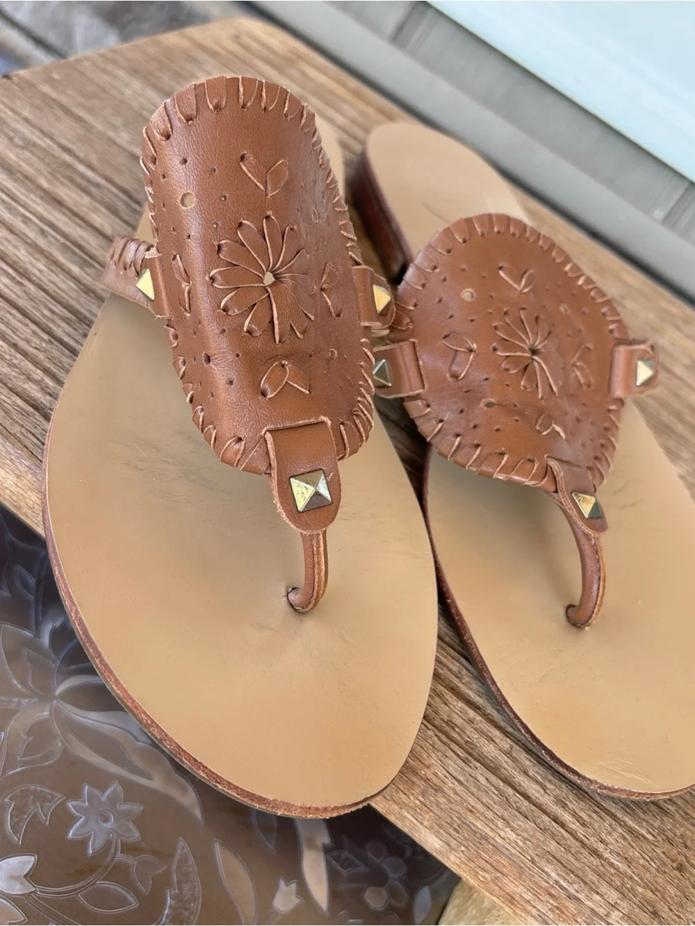 Jack Rogers Brown Leather T-Strap Sandals with Stud Detail 10 M